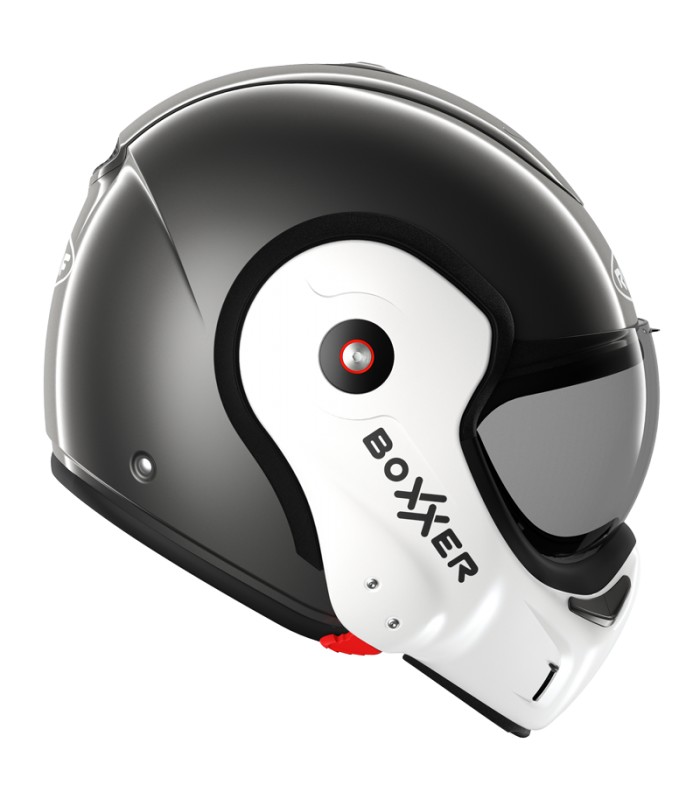 Modularer Dachboxxer-Helm mit perlweißem Metallgesicht - degriffbike.ch