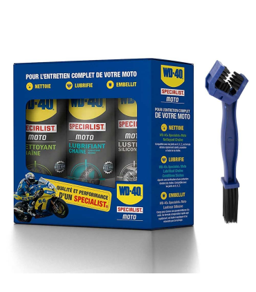 Kit Produits WD-40 Moto (nettoyant, lubrifiant, brosse chaine+lubrifiant)